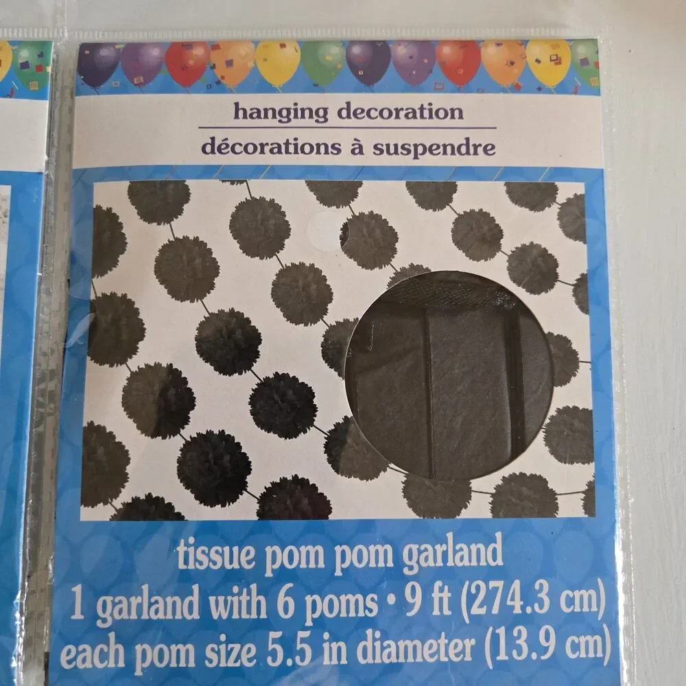 2 Tissue Pom Pom Garland With 6 Poms Black And White New 9ft Long